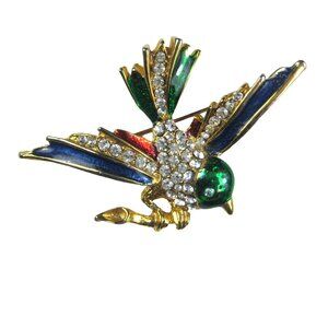 Vintage 1990 Rhinestone Enamel Bird Brooch Pin Goldtone Jewelry Taiwan